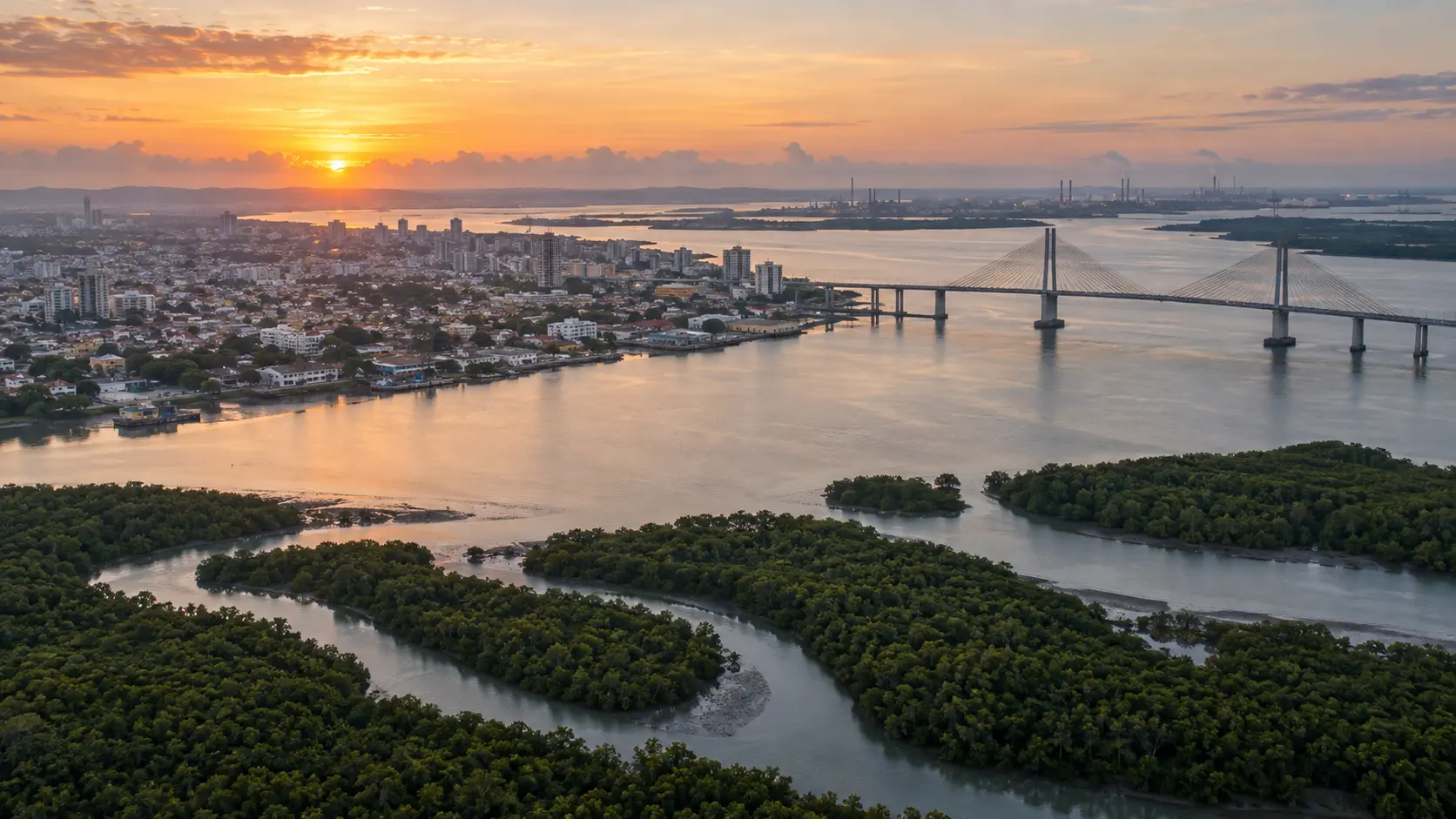 Vista aérea de Aracaju, da ponte sobre o rio Sergipe e do manguezal